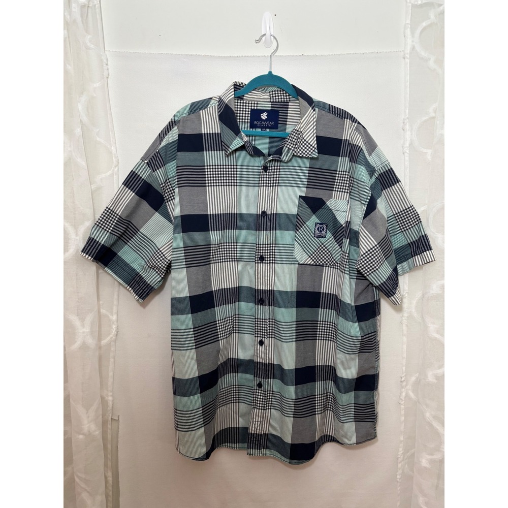 Vintage Rocawear Classic Plaid Short Sleeve Button Down Shirt Teal Navy 5XB Y2K